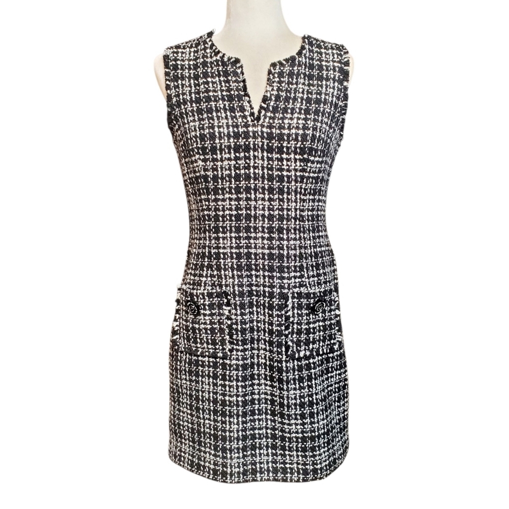 KARL Lagerfeld Paris Women's Tweed Sleeveless Black White Trim Dress Size 4